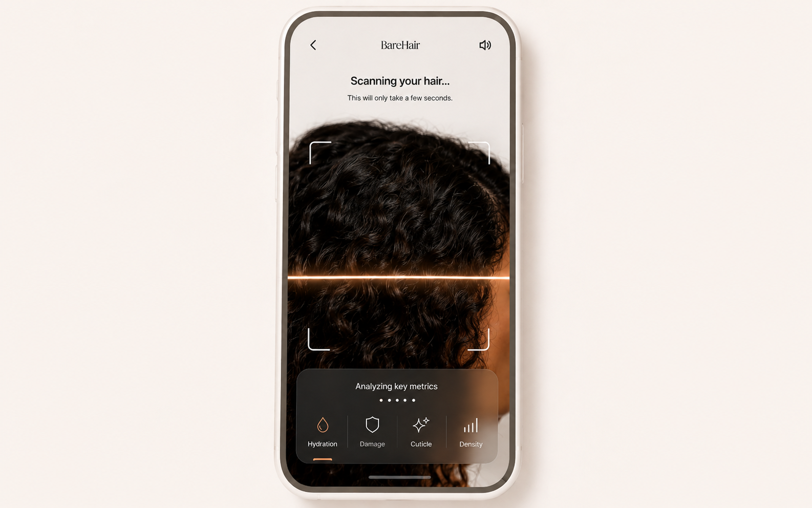 BareHair app scanning a hair sample and analyzing hydration, damage, cuticle, and density